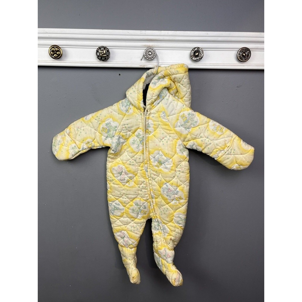 Vintage Snowsuit Bunting Baby 0-6M‎ Yellow Quilted Teddy Bear Heart Hooded Zip